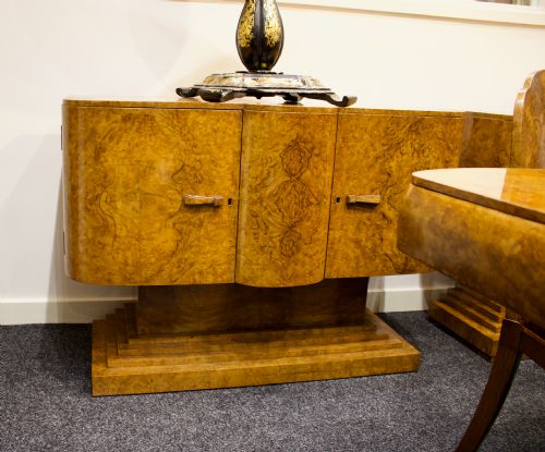 STUNNING ANTIQUE ART DECO BURR WALNUT 12PIECE DINING SUITE SIDEBOARD CABINETS TABLE AND CHAIRS - ADDITIONAL PHOTO 2