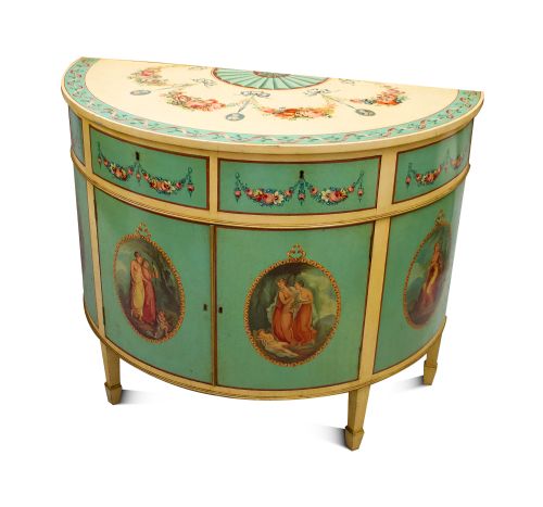 Antique Georgian Style Painted Demi-lune Cabinet / Commode
