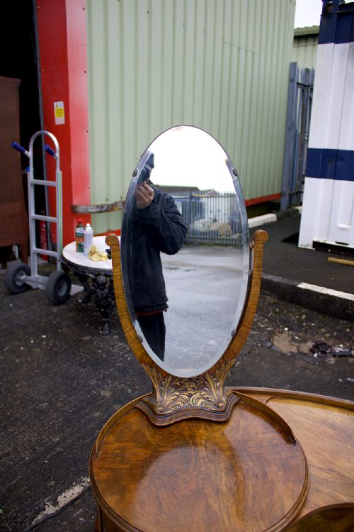 fig 1. Stunning Antique Walnut Kidney Shaped Mirror Back Dressing Table & Stool