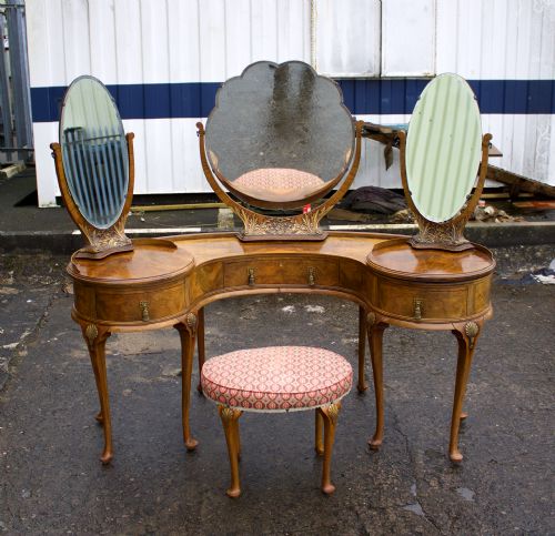 fig 2. Stunning Antique Walnut Kidney Shaped Mirror Back Dressing Table & Stool