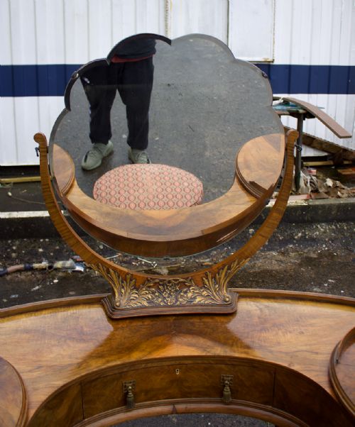 fig 3. Stunning Antique Walnut Kidney Shaped Mirror Back Dressing Table & Stool