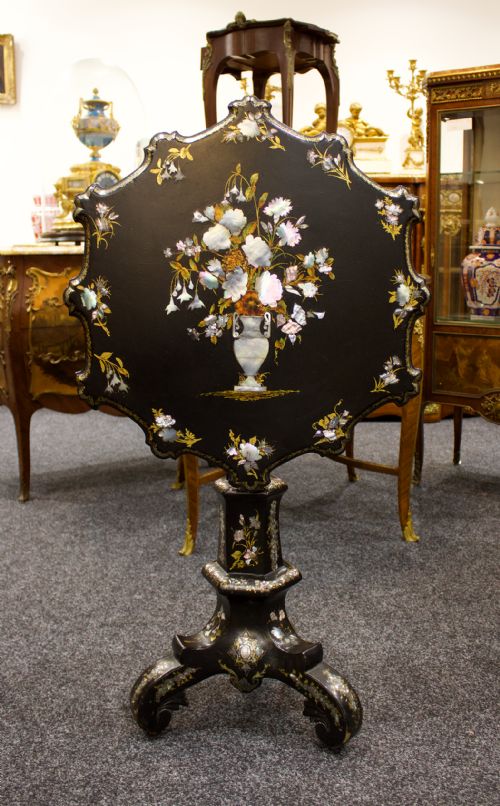 Antique Papier Mache Mother of Pearl Tilt Top Table