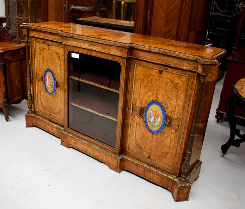 Antique Victorian Walnut & Marquetry Credenza / Side Cabinet with Porcelain Plaques