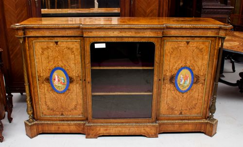 fig 1. Antique Victorian Walnut & Marquetry Credenza / Side Cabinet With Porcelain Plaques