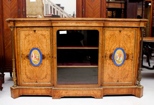 fig 2. Antique Victorian Walnut & Marquetry Credenza / Side Cabinet With Porcelain Plaques