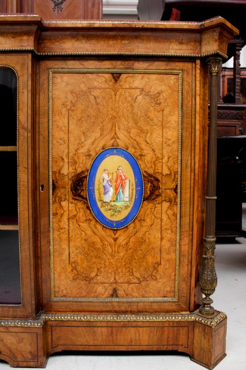 fig 3. Antique Victorian Walnut & Marquetry Credenza / Side Cabinet With Porcelain Plaques