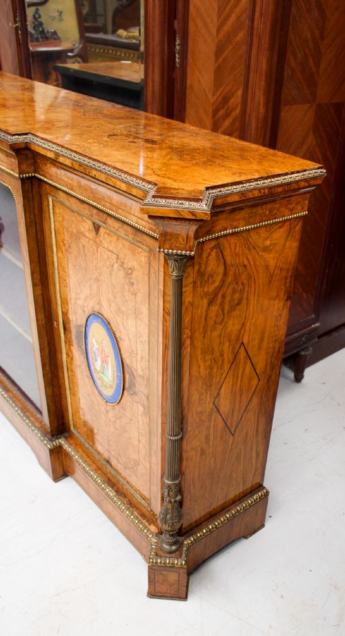 fig 4. Antique Victorian Walnut & Marquetry Credenza / Side Cabinet With Porcelain Plaques