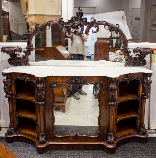 Antique Rosewood Marble Top Mirror Back Side Cabinet / Sideboard