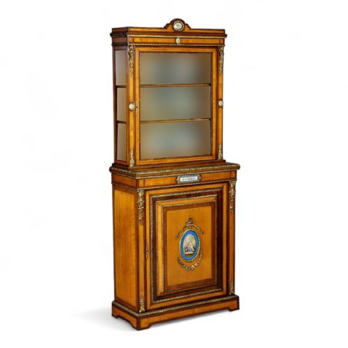 19th Century Satinwood Display Cabinet with Ormolu Mounts & Porcelain Plaques