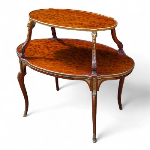 FRENCH PLUM PUDDING MAHOGANY ETAGERE TWO TIER OCCASIONAL TABLE