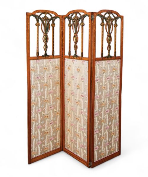 Stunning Antique 3 Fold Satinwood Painted Screen