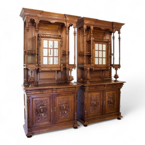 Stunning Pair of Antique Carved Walnut Cabinets / Cupboards