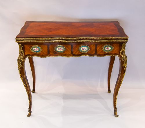 fig 1. Antique French Kingwood Side / Games Table With Porcelain Plaques