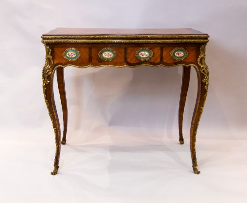 fig 2. Antique French Kingwood Side / Games Table With Porcelain Plaques