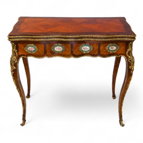 Antique French Kingwood Side / Games Table with Porcelain Plaques