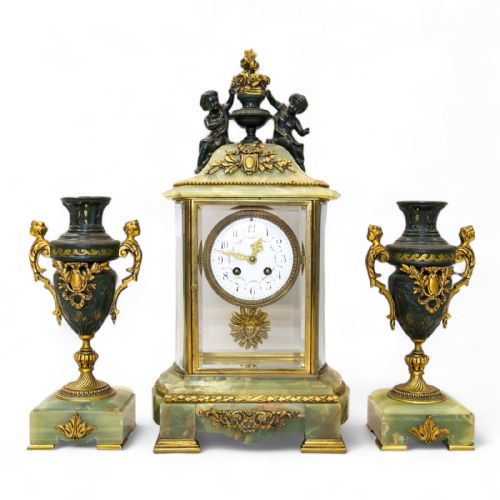 ANTIQUE FRENCH THREE PIECE ONYX MANTLE CLOCK SET