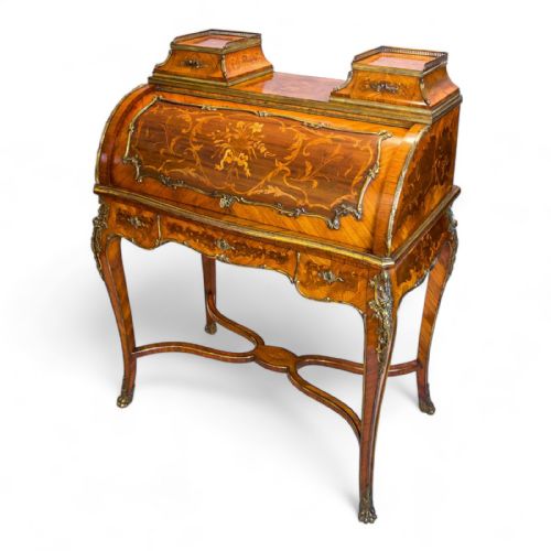 Antique Kingwood & Marquetry Inlaid Cylinder Bureau /  Desk