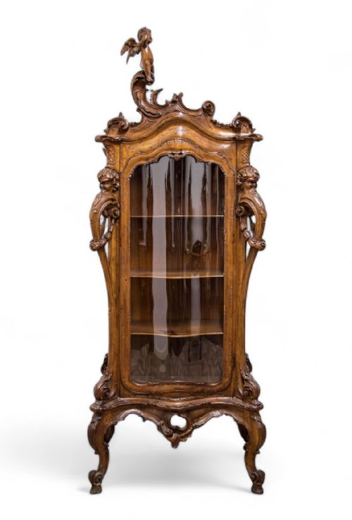 Stunning Antique Italian Carved Walnut Vitrine Cabinet