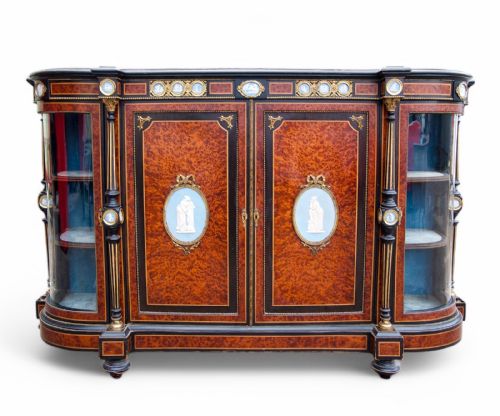 Antique Ebonised & Amboyna Side Cabinet / Credenza with 25 Plaques