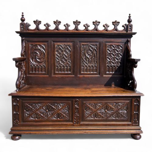 Antique Gothic Style Carved Oak Bench