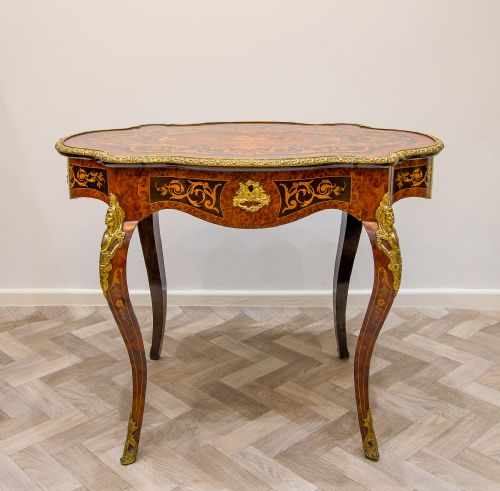 fig 1. Antique French Amboyna, Ebony & Marquetry Inlaid Centre Table