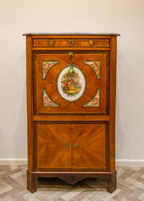 fig 1. Antique French Tulipwood And Kingwood Secretaire Cabinet With Porcelain Panels