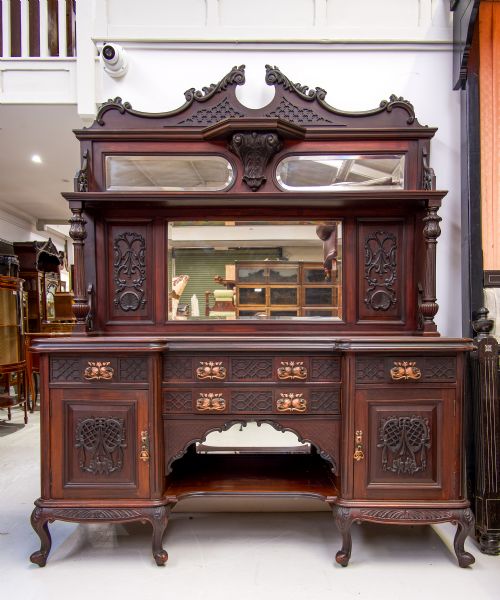 fig 1. Antique Victorian Carved Mahogany Mirror Back Sideboard With Brass Handles