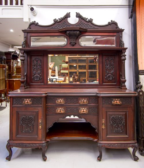 fig 2. Antique Victorian Carved Mahogany Mirror Back Sideboard With Brass Handles