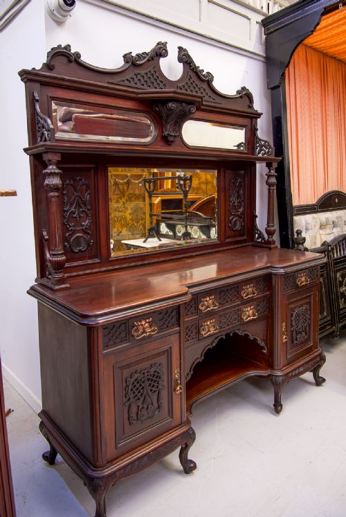 fig 4. Antique Victorian Carved Mahogany Mirror Back Sideboard With Brass Handles
