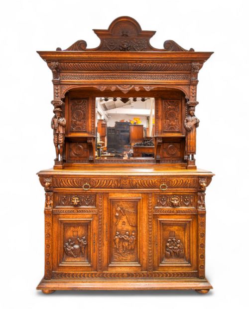 ANTIQUE CARVED OAK MIRROR BACK SIDEBOARD