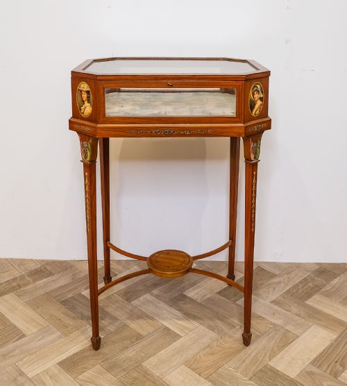 fig 1. Antique Edwardian Satinwood & Painted Bijouterie Display Table