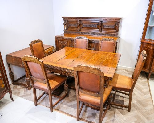 ANTIQUE CARVED OAK DINING SUITE TABLE 6 CHAIRS SIDEBOARD SIDE TABLE - ADDITIONAL PHOTO 1