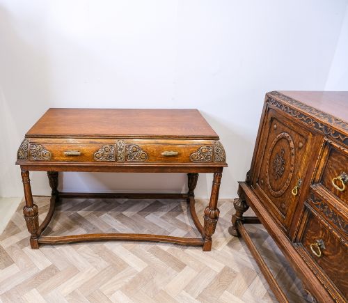 ANTIQUE CARVED OAK DINING SUITE TABLE 6 CHAIRS SIDEBOARD SIDE TABLE - ADDITIONAL PHOTO 4