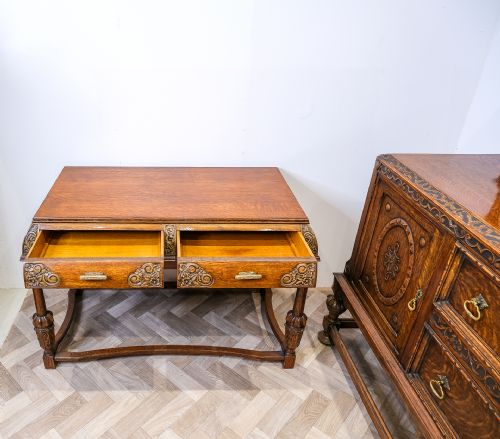 ANTIQUE CARVED OAK DINING SUITE TABLE 6 CHAIRS SIDEBOARD SIDE TABLE - ADDITIONAL PHOTO 5