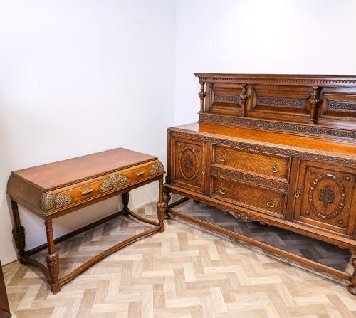 ANTIQUE CARVED OAK DINING SUITE TABLE 6 CHAIRS SIDEBOARD SIDE TABLE - ADDITIONAL PHOTO 6