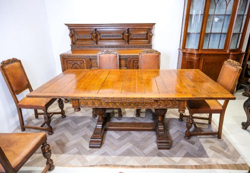 ANTIQUE CARVED OAK DINING SUITE TABLE 6 CHAIRS SIDEBOARD SIDE TABLE - ADDITIONAL PHOTO 8
