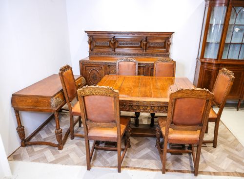 ANTIQUE CARVED OAK DINING SUITE TABLE 6 CHAIRS SIDEBOARD SIDE TABLE - ADDITIONAL PHOTO 9