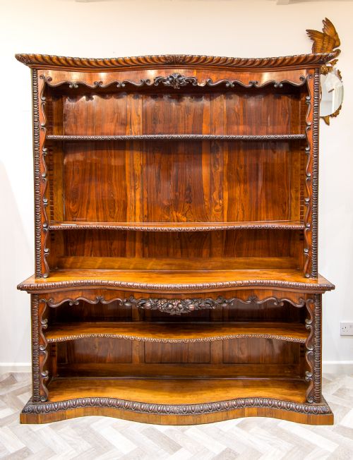 fig 1. Antique 19th Century Rosewood Serpentine Open Bookcase With Adjustable Shelves