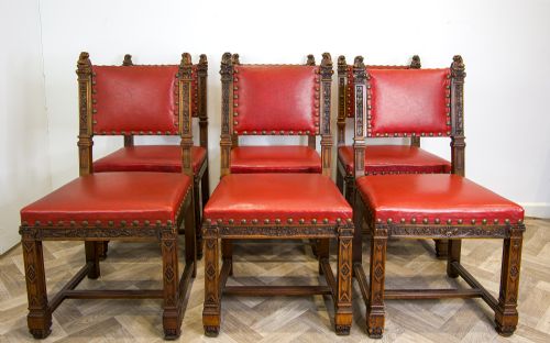 fig 1. Set Of 6 Antique Gothic Revival Oak Dining Chairs - Red Leather
