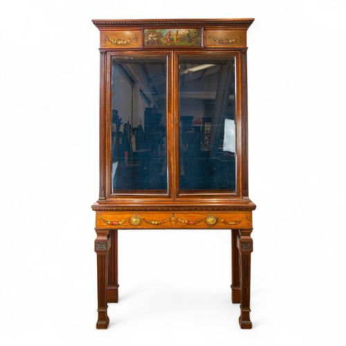 Antique Mahogany & Satinwood Painted Display Cabinet on Stand Hobbs & Sons Lock