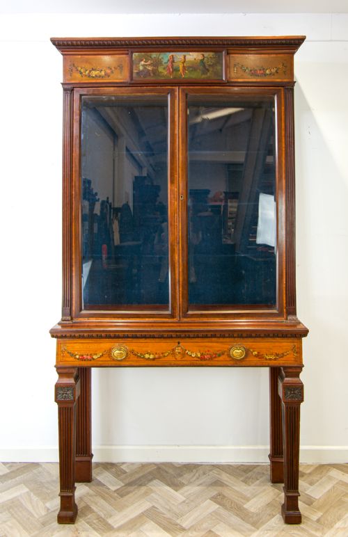 fig 1. Antique Mahogany & Satinwood Painted Display Cabinet on Stand Hobbs & Sons Lock