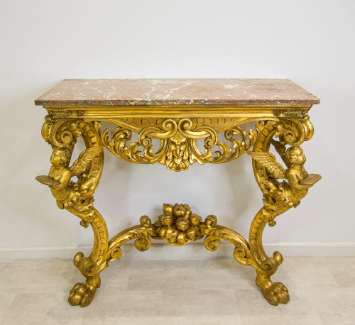 Antique Carved Giltwood Marble-top Console Table, Circa 1900