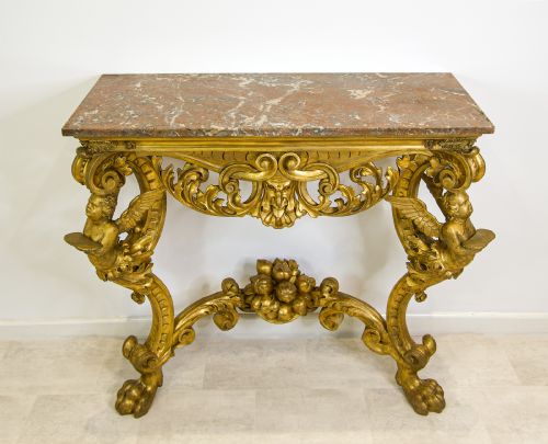 fig 1. Antique Carved Giltwood Marble-Top Console Table, Circa 1900