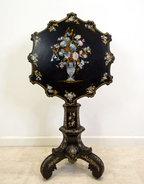 Antique Ebonised & Mother of Pearl Inlaid Tilt Top Table C.1860