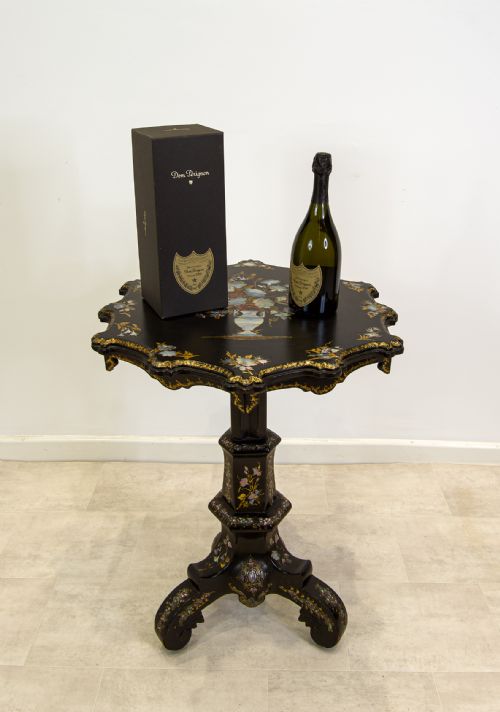 fig 1. Antique Ebonised & Mother Of Pearl Inlaid Tilt Top Table C.1860