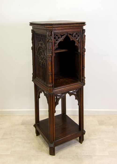 Antique Gothic Revival Carved Oak Stand Cabinet with Figures – 19th Century