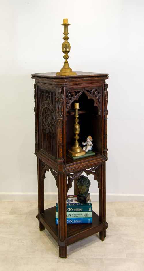 fig 1. Antique Gothic Revival Carved Oak Stand Cabinet with Figures – 19th Century