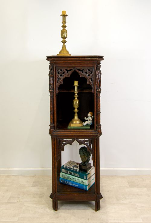 fig 2. Antique Gothic Revival Carved Oak Stand Cabinet with Figures – 19th Century