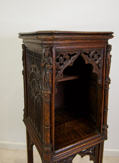 fig 3. Antique Gothic Revival Carved Oak Stand Cabinet with Figures – 19th Century