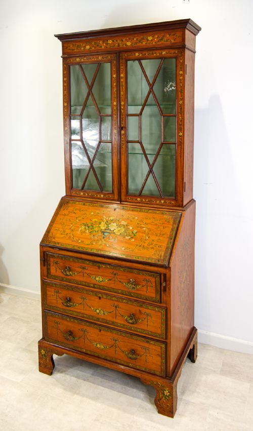 Antique Satinwood Painted Bureau Bookcase (Adam Revival, C.1890)